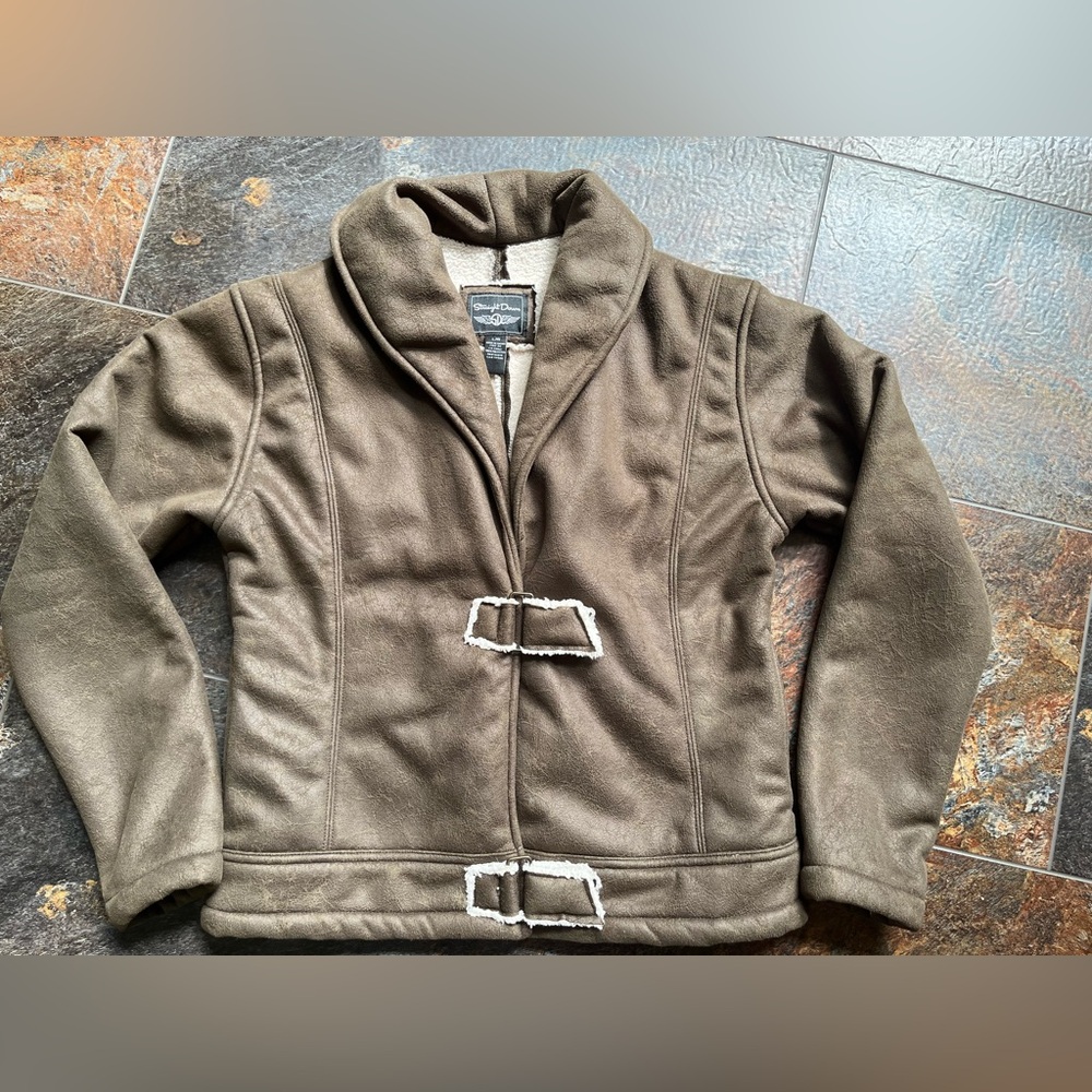 Women’s Straight Down brown faux suede & Sherpa bomber rustic jacket. Size large - Picture 16 of 16